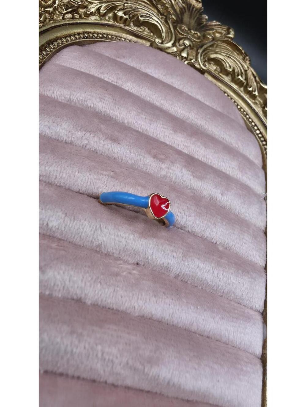 Cute Blue Enamel Ring with Red Heart Accent